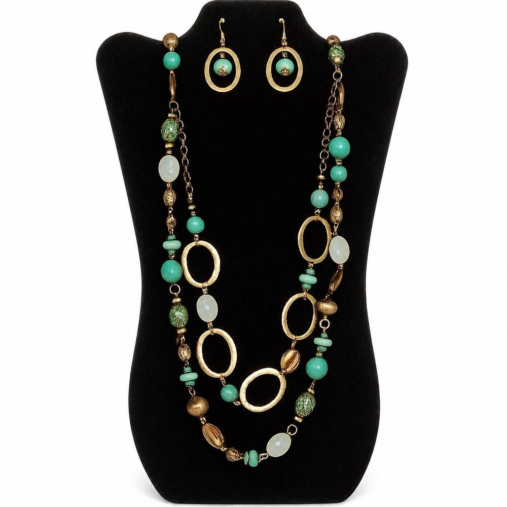 Aqua Beaded Necklace Earring Set Antiqued Gold Tone 3 In 1 Convertible